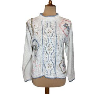 Vintage 90s Hand Knit White Knit Sweater Cottagecore Floral Pattern Small